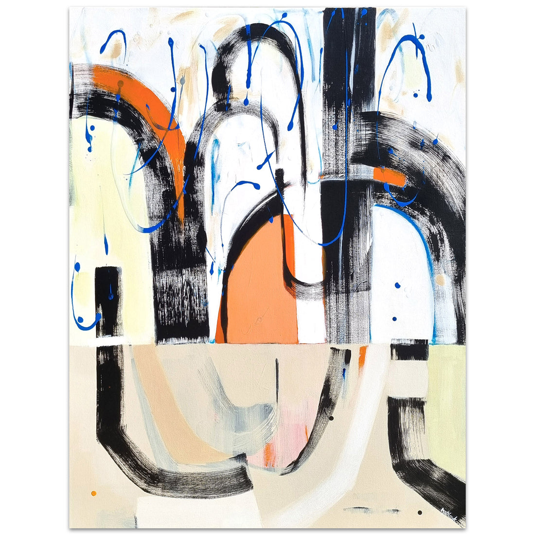 Kerfuffle original abstract painting by Kirsty Black featuring bold black sweeping arcs and vertical brushstrokes with vivid coral orange forms and electric blue splatter in upper half, softer beige and grey curves in lower half on canvas