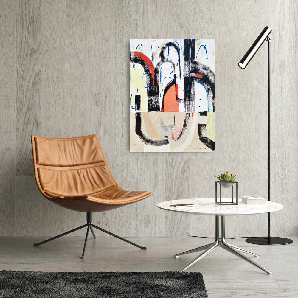 Kerfuffle abstract painting by Kirsty Black hung on pale timber panel wall beside tan leather lounge chair and marble side table with floor lamp, showing scale of 1000x760mm canvas in contemporary living space