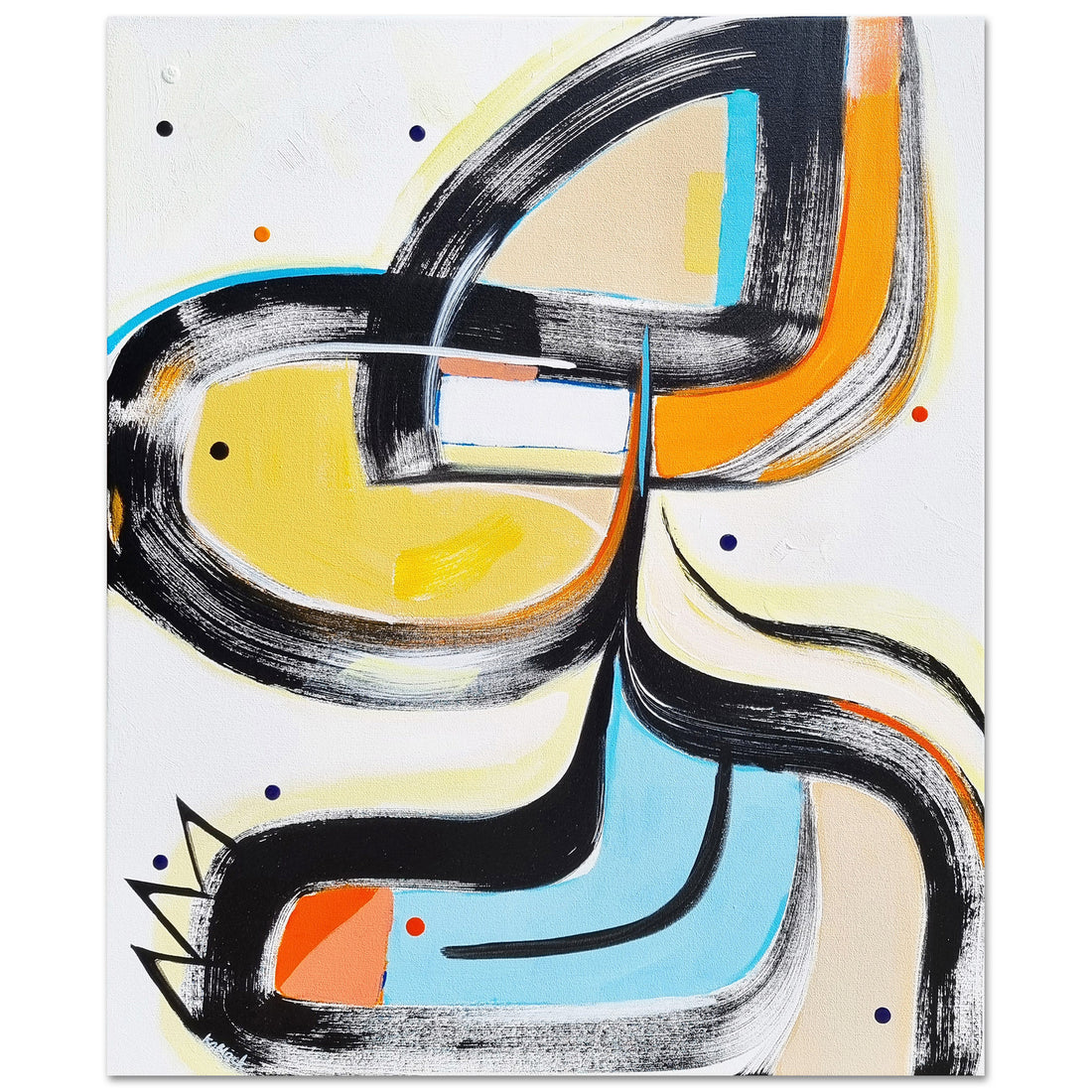 Kitty Punk original abstract painting by Kirsty Black featuring bold black sweeping arcs enclosing golden yellow, vivid orange and sky blue forms with scattered coloured dots on white canvas