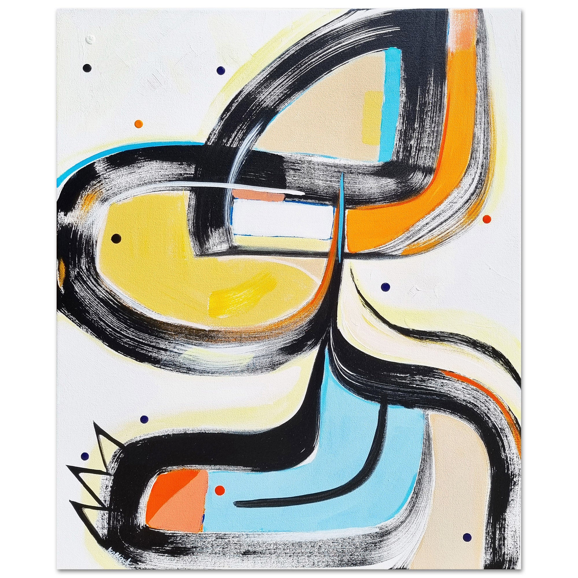 Kitty Punk original abstract painting by Kirsty Black featuring bold black sweeping arcs enclosing golden yellow, vivid orange and sky blue forms with scattered coloured dots on white canvas