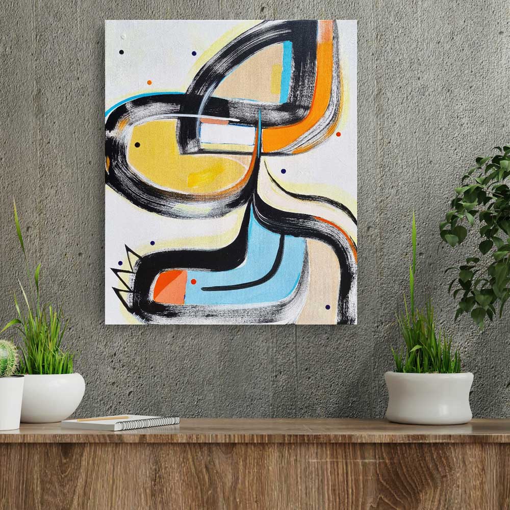 Kitty Punk abstract painting by Kirsty Black on textured concrete wall above timber shelf with white ceramic plant pots, cactus and notebook