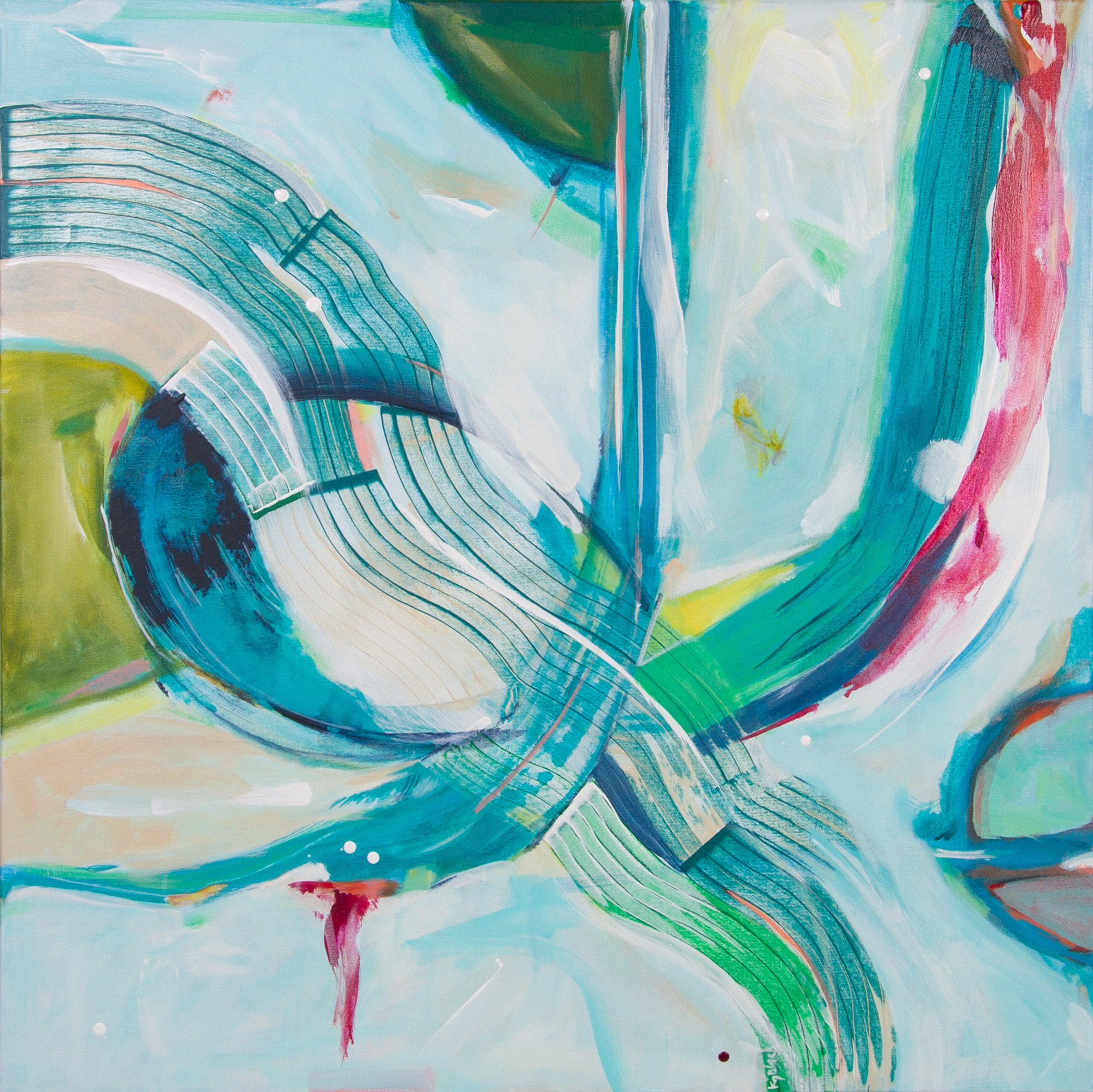 Abstract painting titled "Knuckle Ride Express" featuring dynamic gestural brushstrokes in cyan, green, magenta, & white on a soft light background, 900 x 900mm