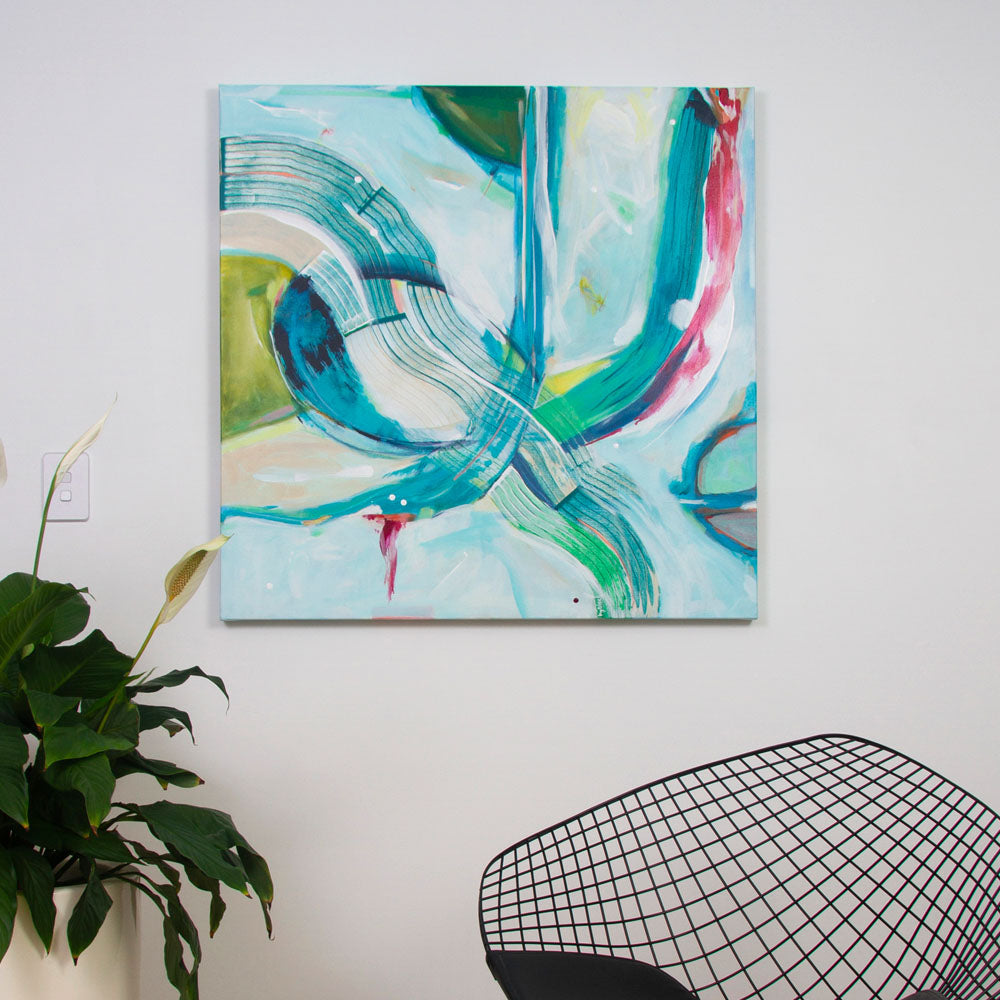 Abstract painting Knuckle Ride Express hanging on a white wall