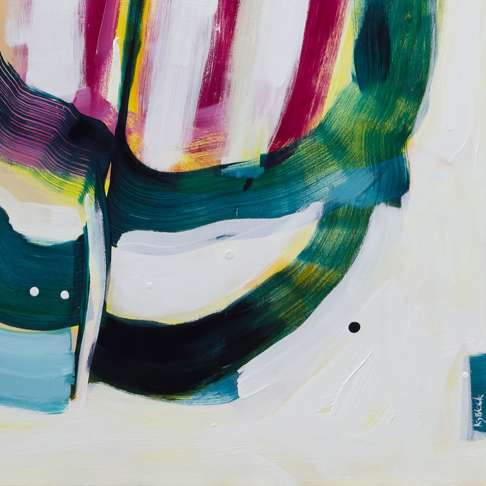 Detail of abstract painting with colorful brush strokes on a white background