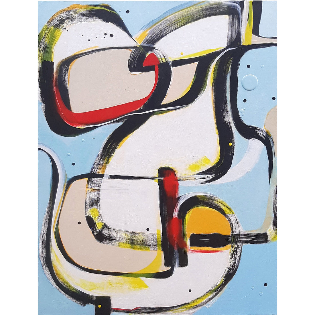 Mouse Tales original abstract painting by Kirsty Black featuring bold black gestural outlines forming interlocking rounded forms with beige and white interiors, vivid red accents, yellow highlights and scattered dots on soft blue portrait canvas