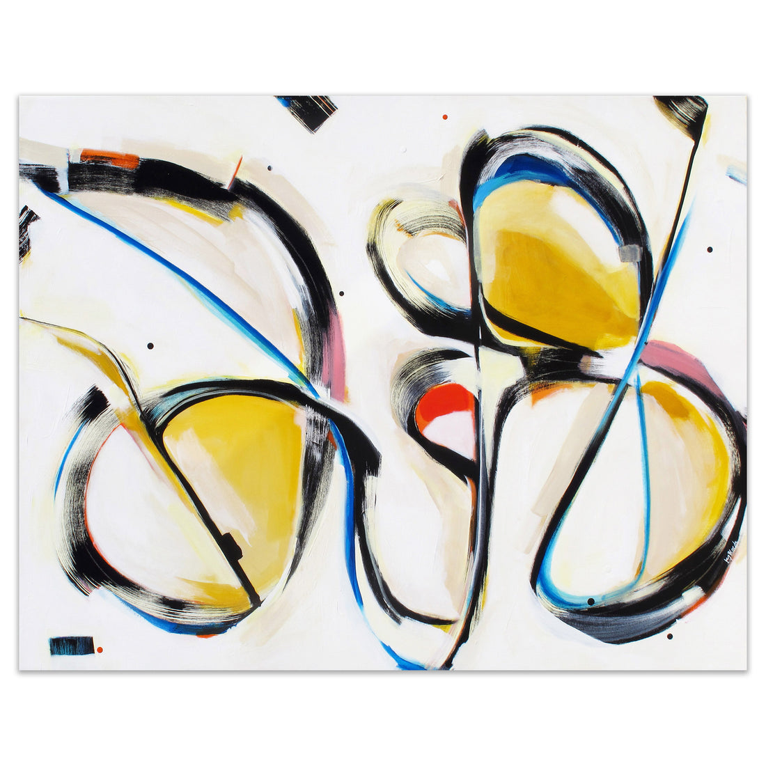 Abstract art painting with gestural black flowing lines & yellow, blue and red details on a white background