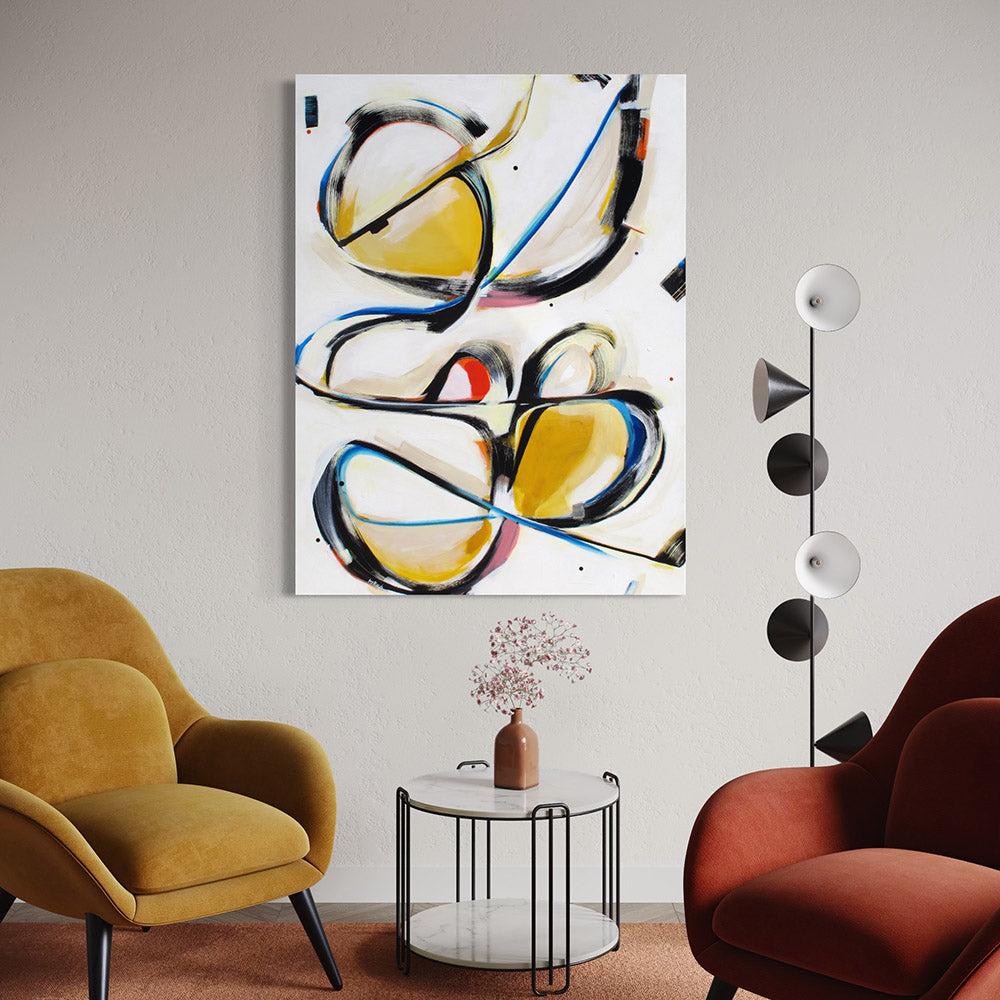 Moxie Moll abstract painting by Kirsty Black hung vertically on white wall in contemporary living space with mustard yellow armchair, rust red chair, marble side table and sculptural floor lamp