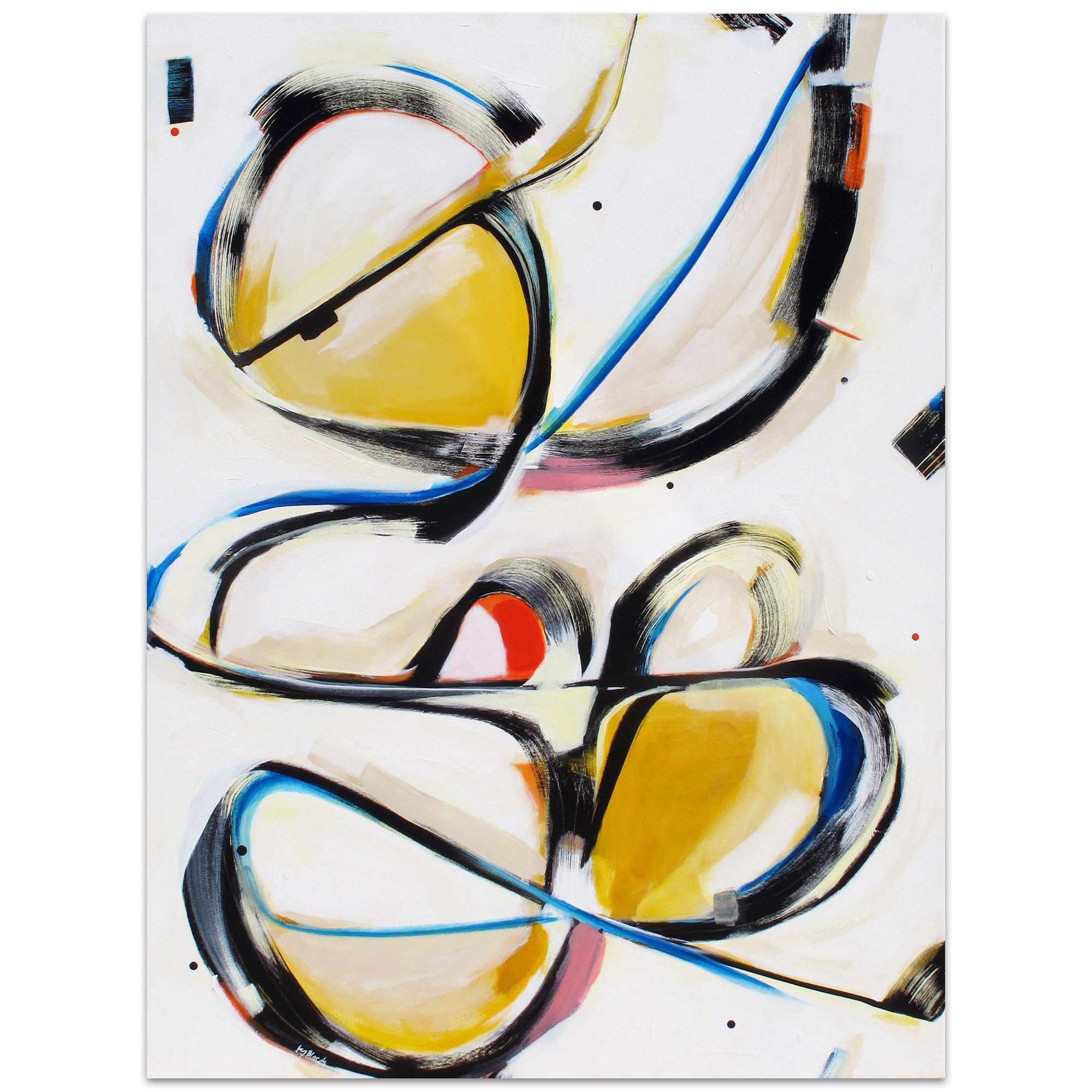 Moxie Moll original abstract painting by Kirsty Black in vertical orientation, showing bold black gestural curves and golden yellow organic forms with blue line accent on white canvas
