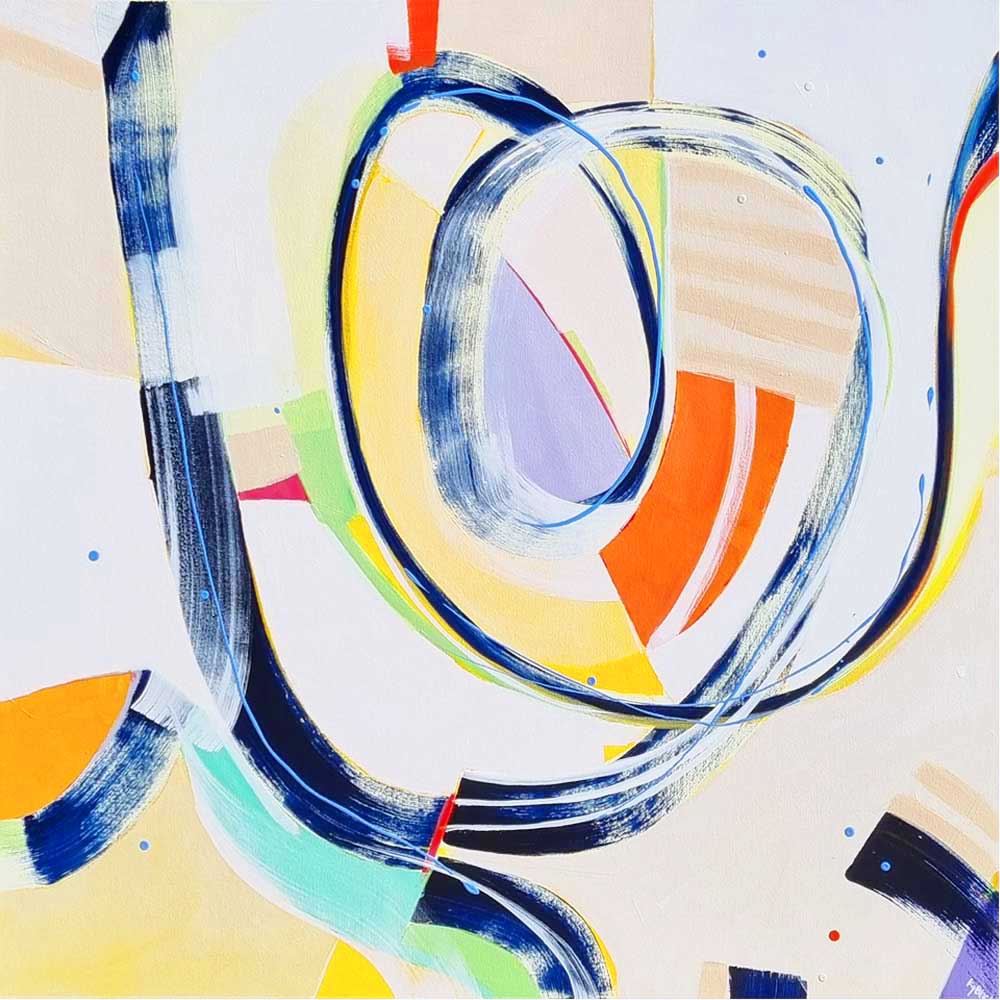 Nattering Gnat original abstract painting by Kirsty Black featuring commanding navy double-loop gesture over layered geometric forms in yellow, orange, mint green, lavender and beige with red accent and scattered dots on pale square canvas