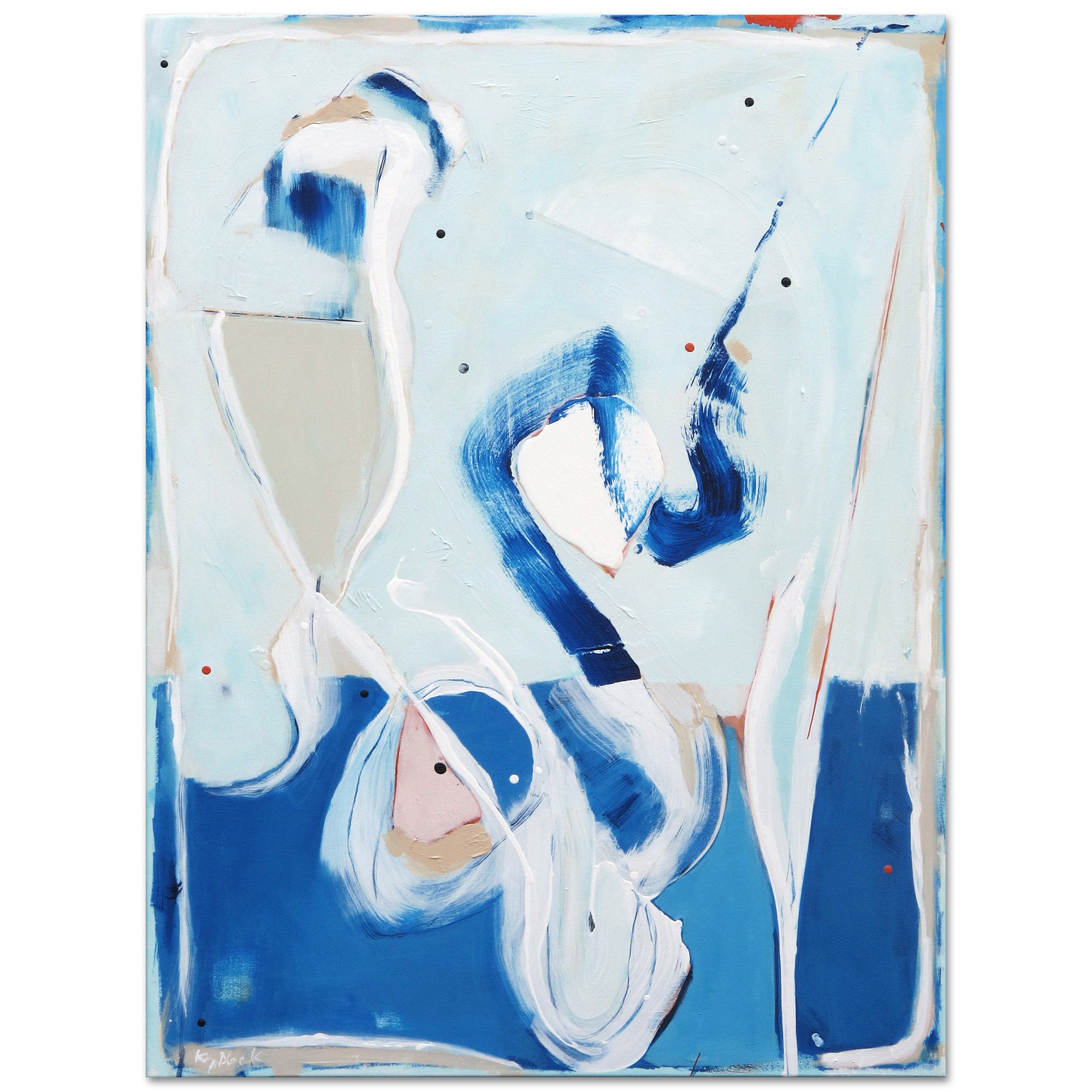 Pang Wangle original abstract painting by Kirsty Black featuring bold cobalt blue and white sweeping brushstrokes on luminous sky blue ground with warm sand, peach and orange accents on canvas