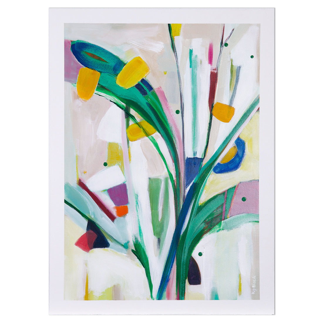 Abstract painting Aphid Garden Party with bold green strokes, yellow shapes, and colourful details on artist paper by Kirsty Black