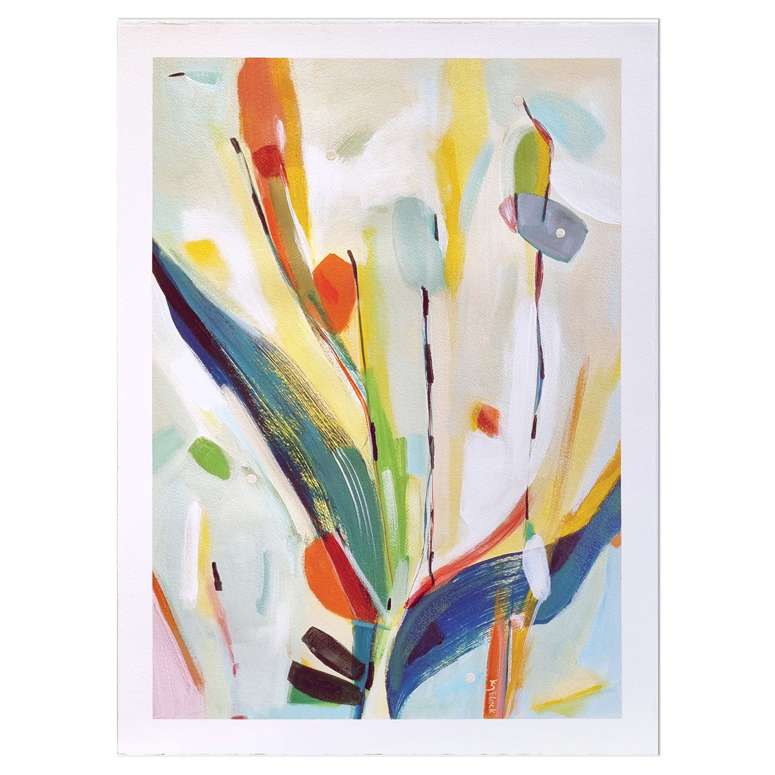 original abstract painting on artist paper with colorful brush strokes on a white background