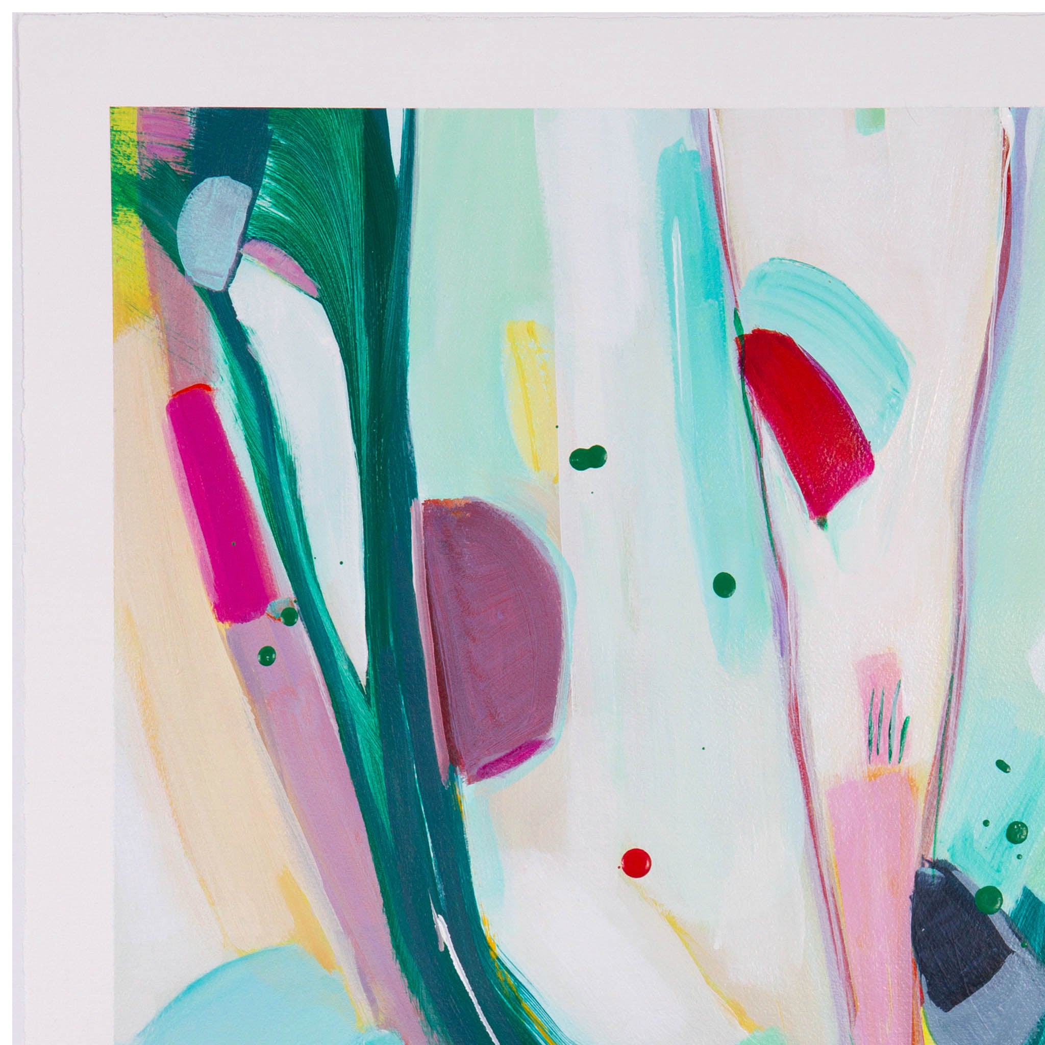 Close-up detail of Chickabiddy Croon abstract painting by Kirsty Black – textured brushstrokes & vibrant colours on artist paper