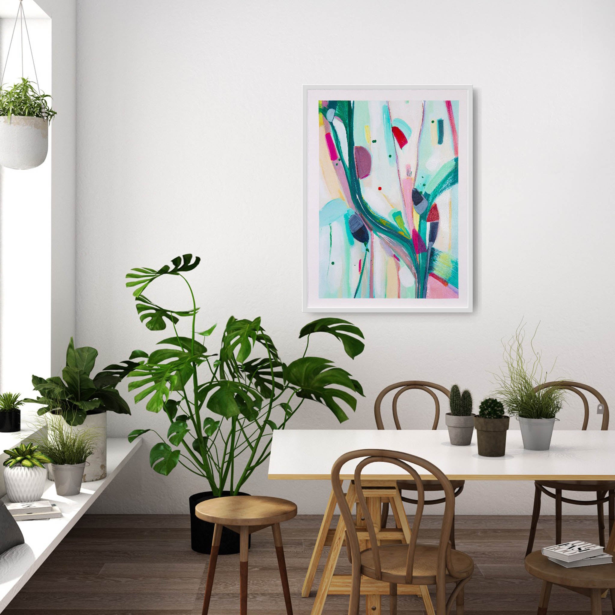 Chickabiddy Croon abstract painting by Kirsty Black hanging in a modern room