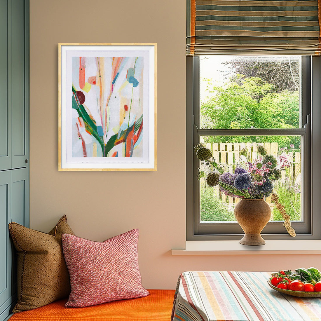 Dormouse Digs abstract painting on paper framed in natural wood