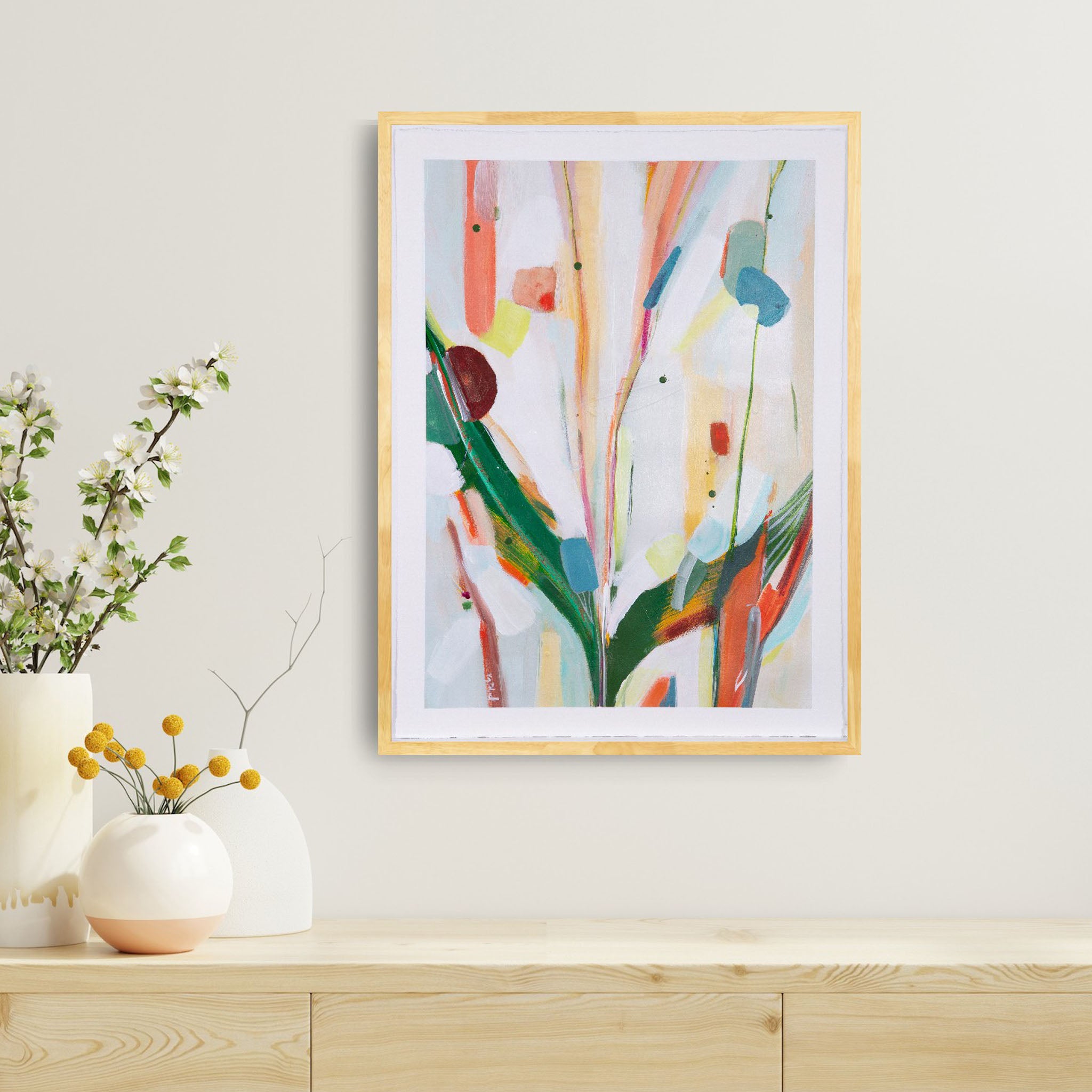 Abstract artwork on paper Dormouse Digs  example of a float frame in natural wood