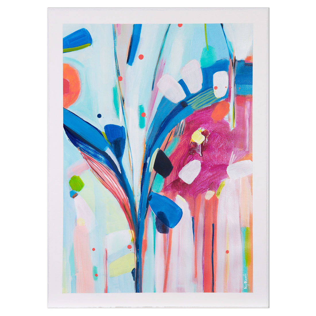 Abstract painting Monkey Puzzle with bold blue brushstrokes, pink textures, and lively colourful details on artist paper by Kirsty Black.