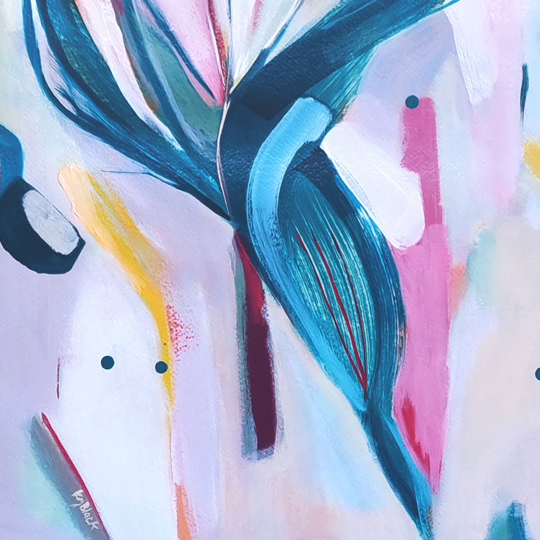 Detail of abstract painting on paper, teal & pink colour palette