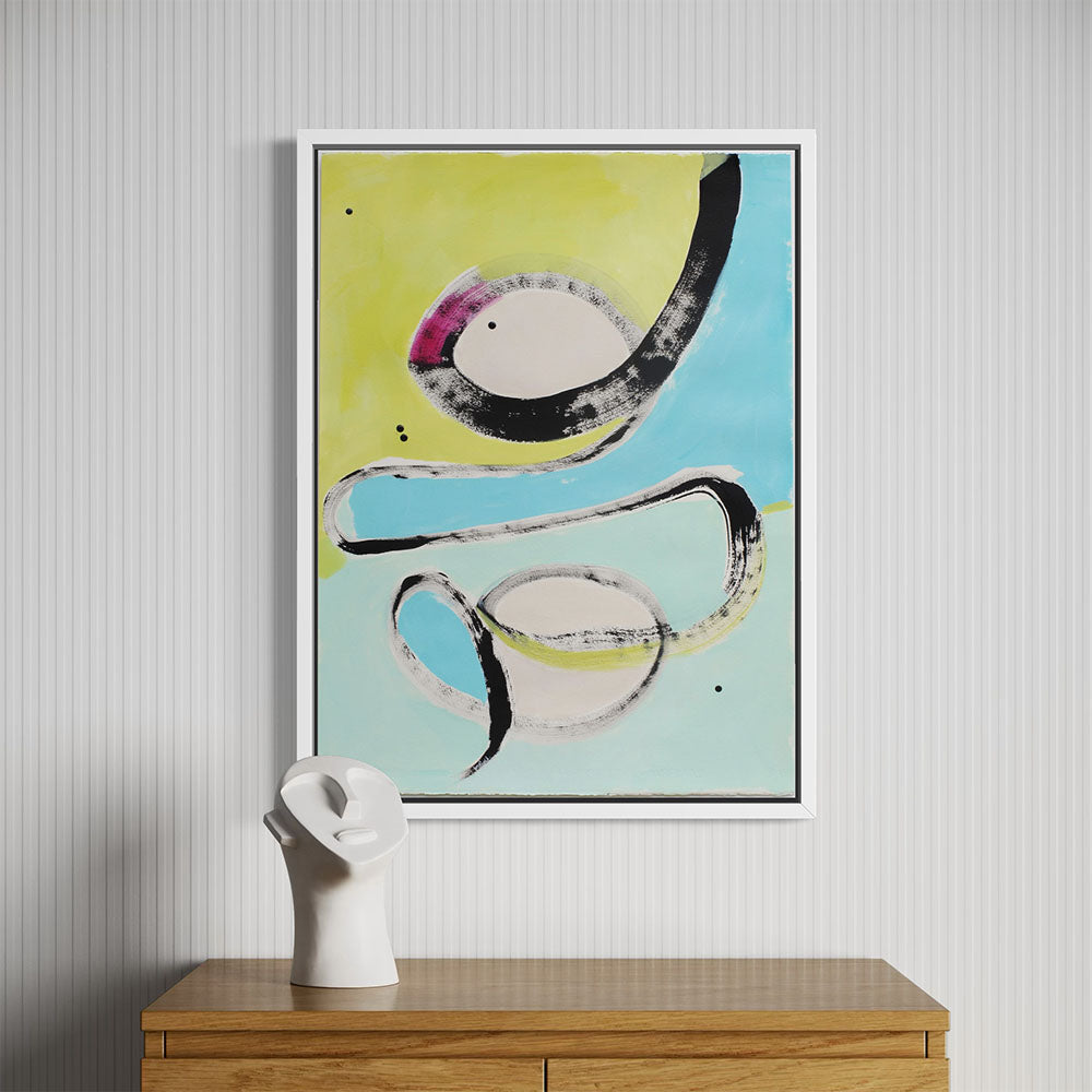 Viper Acrobat abstract painting by Kirsty Black shown in white frame on white striped wallpaper above wooden console with sculptural white ceramic figure