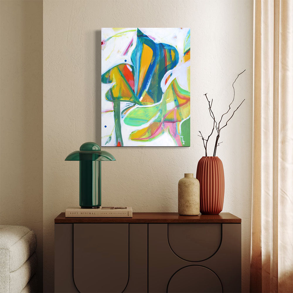 Peacock Top Hat painting by Kirsty Black on beige wall above sculptural brown console with green mushroom lamp and terracotta vase