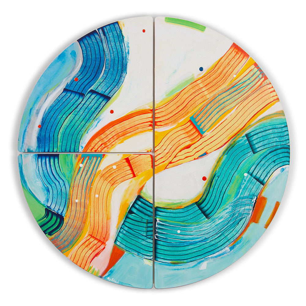 Pedalo Patsy - round abstract artwork on ply, with a vibrant colour palette & flowing gestural brushstrokes.