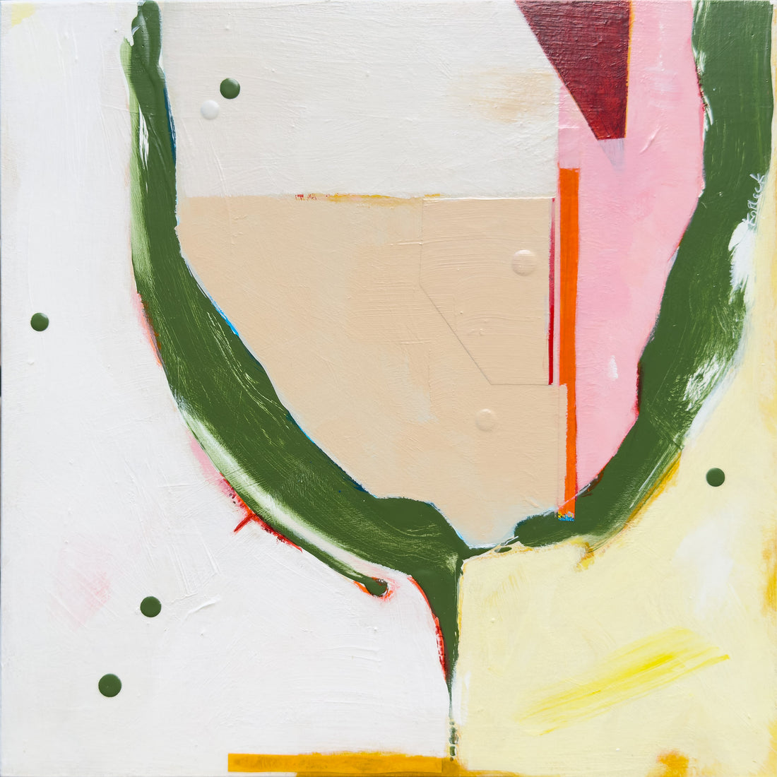Pixie Bunker original abstract mixed media painting by Kirsty Black — small square ply box board with sweeping forest green arc, geometric sand and pink forms, and orange and burgundy accents on a white ground