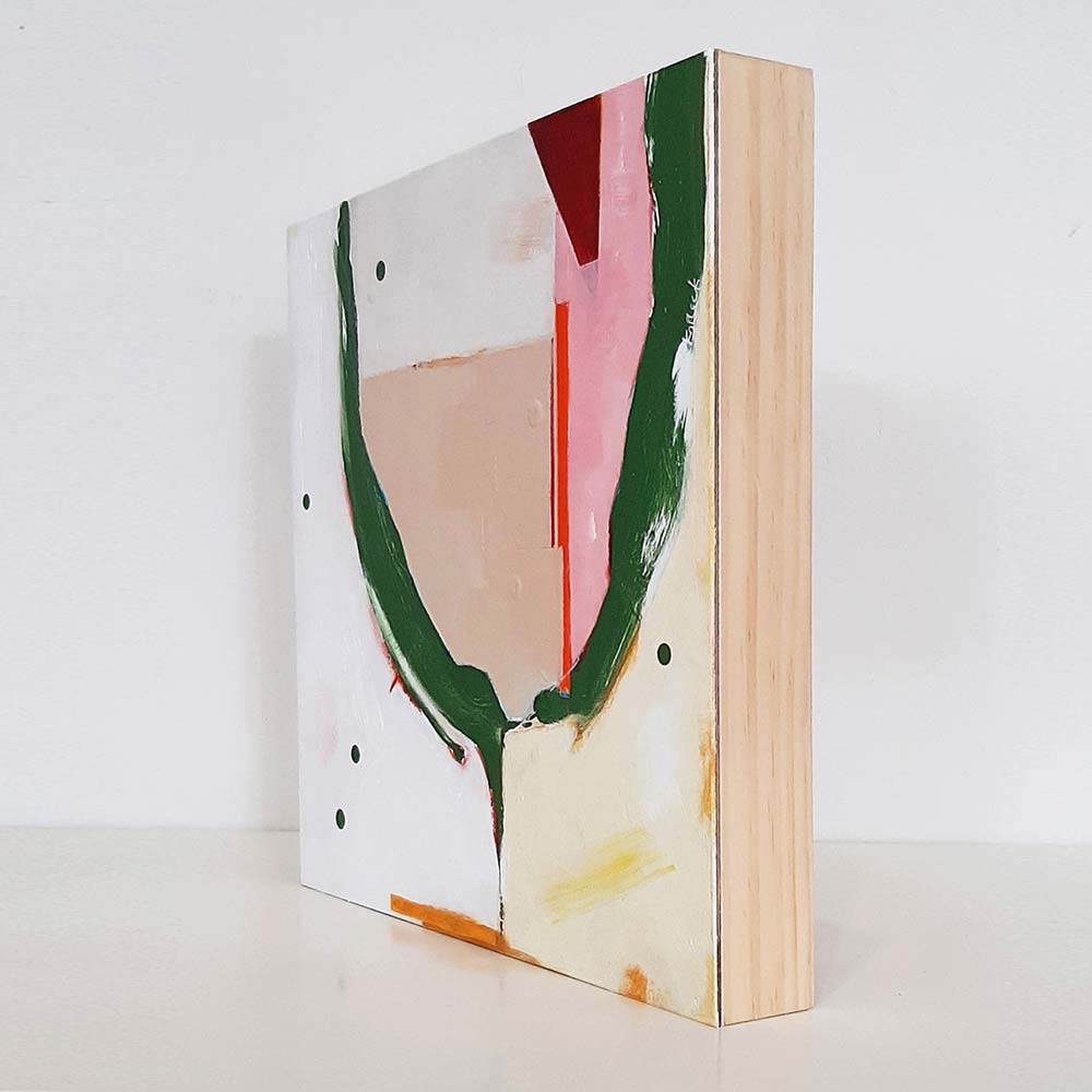 Side view of Pixie Bunker abstract painting by Kirsty Black showing 40mm depth of ply box board with unpainted natural wood grain edges