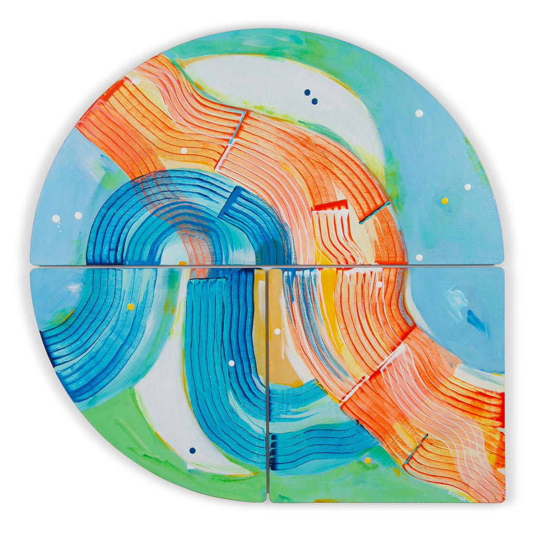 Platypus Paddle - Teardrop-shaped abstract painting with bold brushstrokes in blue, green, orange, & yellow