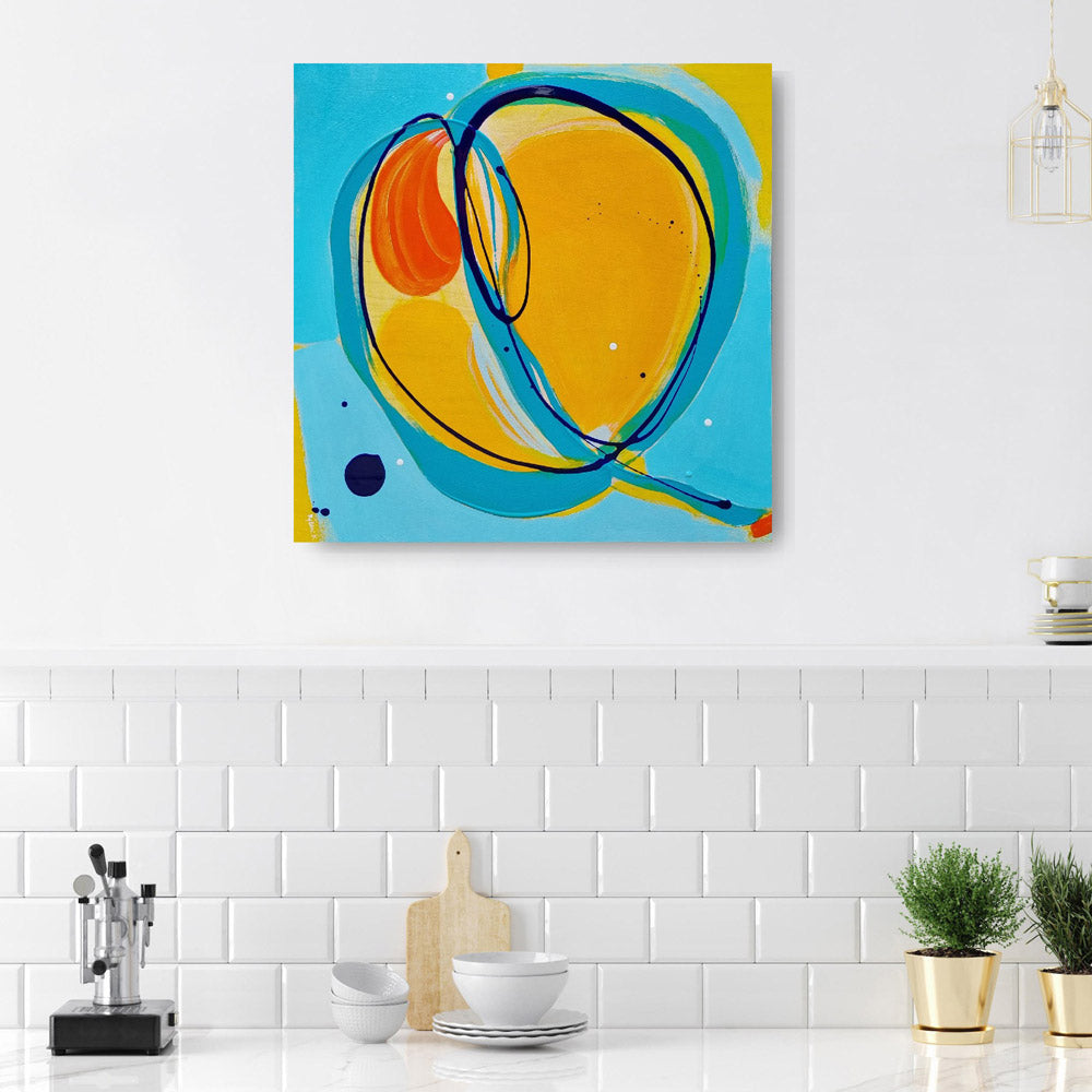 Poppinjay abstract painting by Kirsty Black hung above white subway tile kitchen splashback with coffee machine and potted herbs, showing scale in contemporary interior