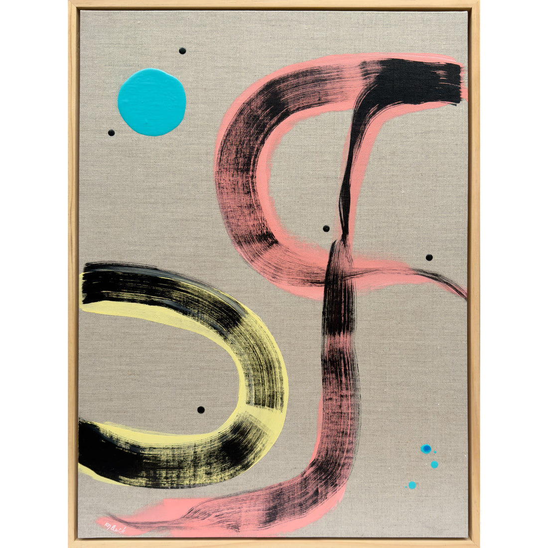 Pussy Cat Prowl original abstract painting by Kirsty Black on cool grey linen featuring bold pink and black gestural curves, lime yellow arc and vivid turquoise circle in natural wood tray frame