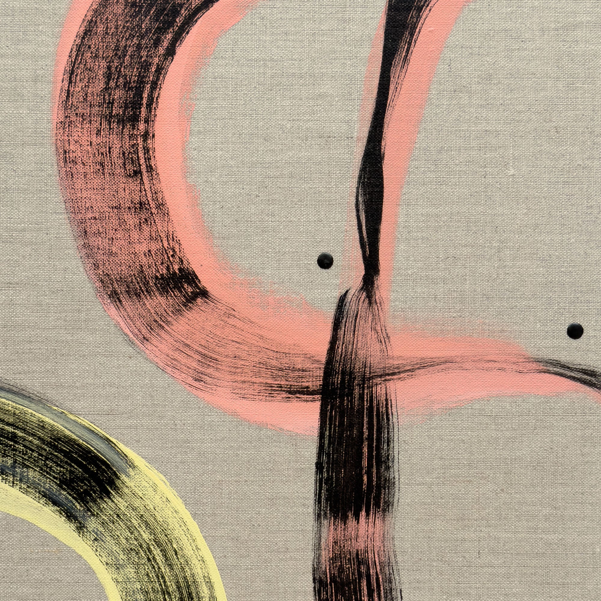 Close-up detail of Pussy Cat Prowl showing overlapping pink and black gestural brushstrokes with scattered black dots revealing the natural linen texture beneath