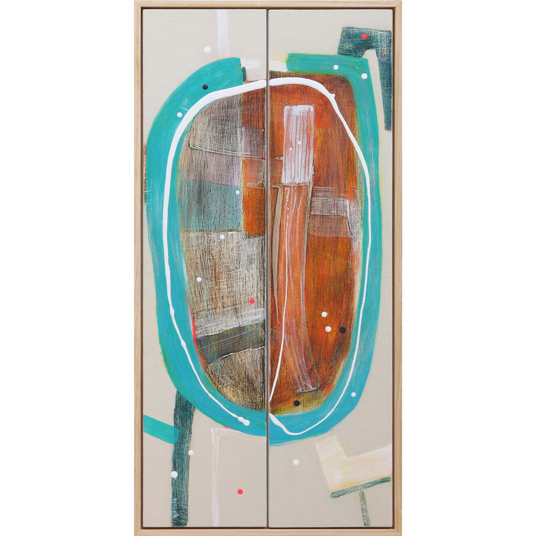 Racetrack Rumble original abstract diptych by Kirsty Black on ply featuring bold turquoise oval, rich rust brown and earthy textures with white line detail on warm sand ground in natural wood tray frame