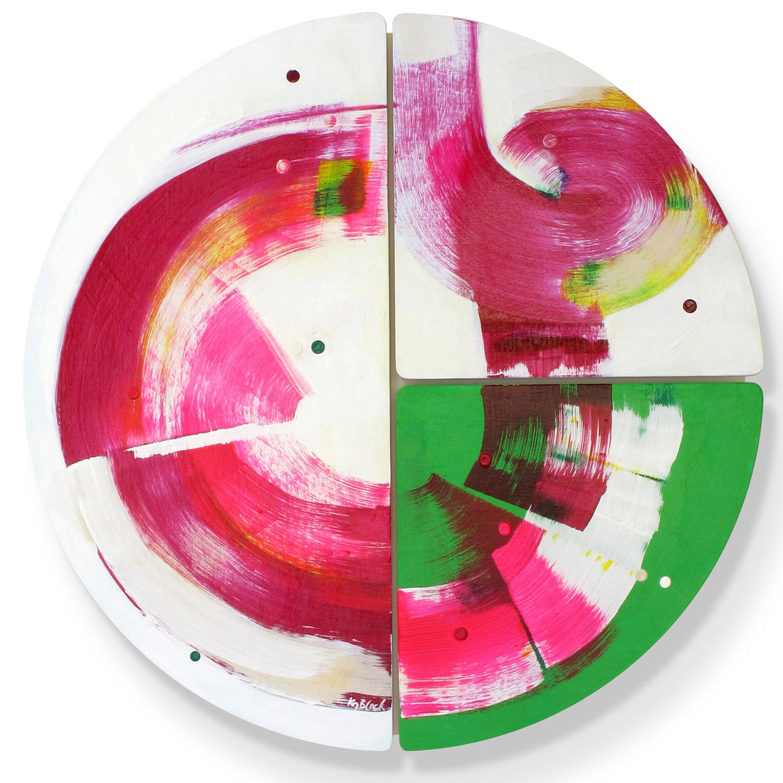 Full view of Roller Disco Dames original abstract wall sculpture by Kirsty Black consisting of bevelled plywood tiles with sweeping magenta and hot pink spirals on white with a vivid green accent block.