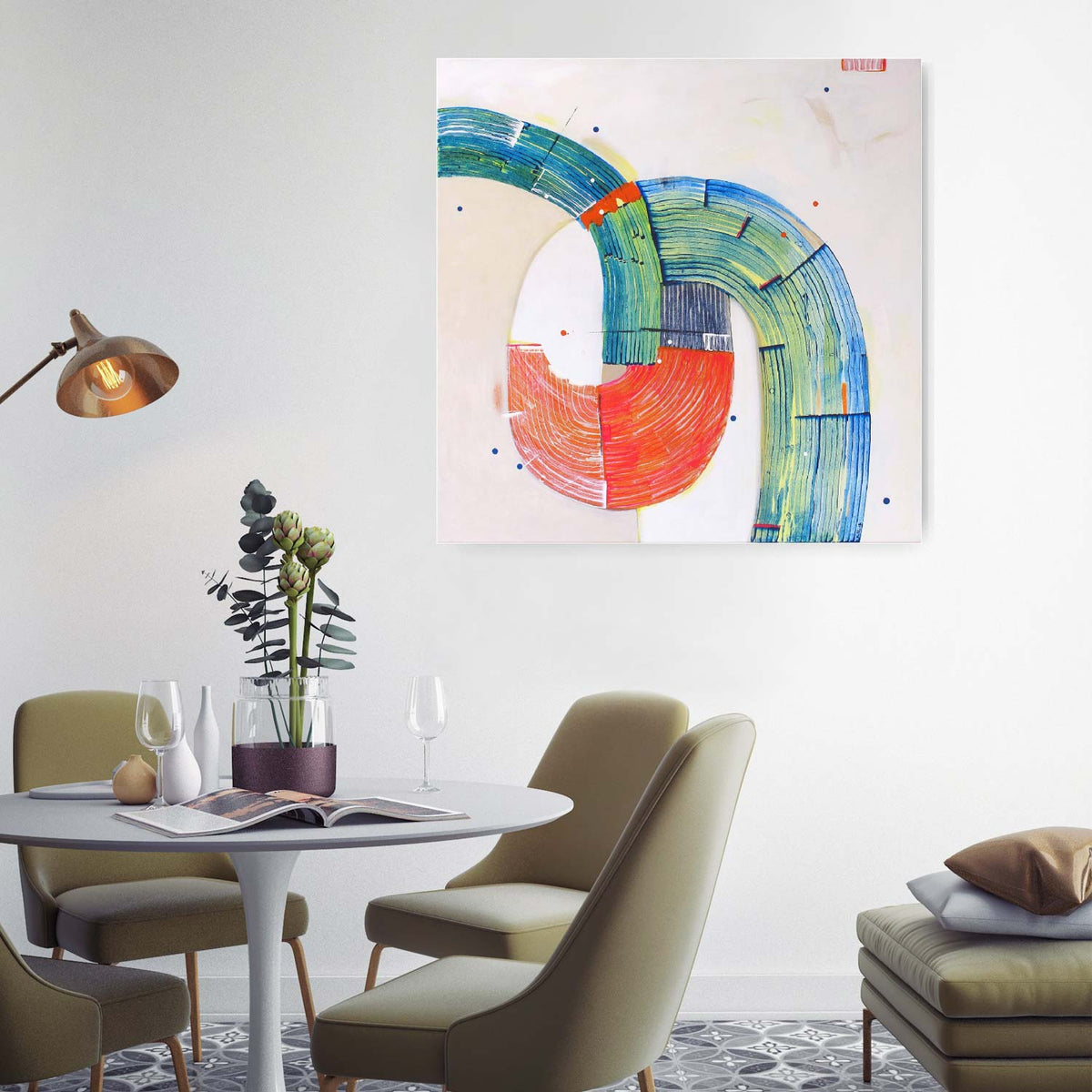 Sandhopper Springboard abstract painting by Kirsty Black on white wall above modern dining table with olive green chairs and vintage light