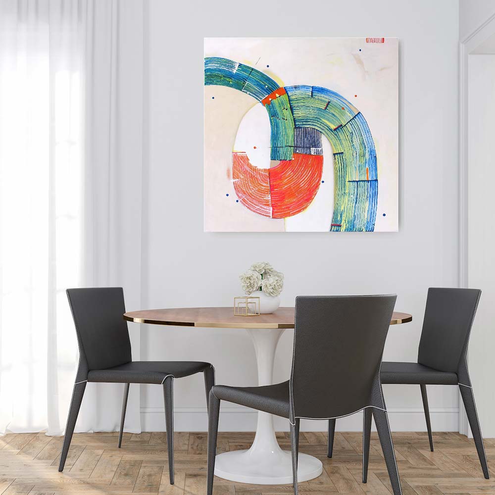 Sandhopper Springboard abstract painting by Kirsty Black on white wall above contemporary round dining table with grey leather chairs in minimal interior