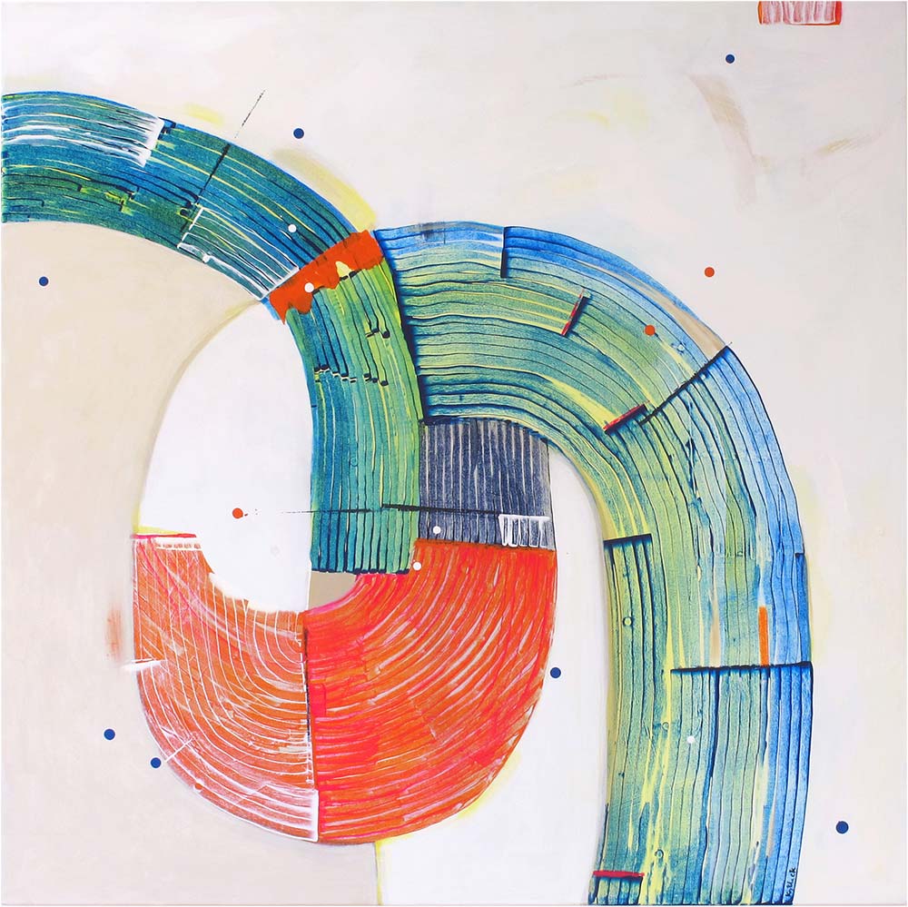 Sandhopper Springboard original abstract painting by Kirsty Black featuring circular composition with sweeping blue green curves and vibrant coral orange pink segment on square canvas