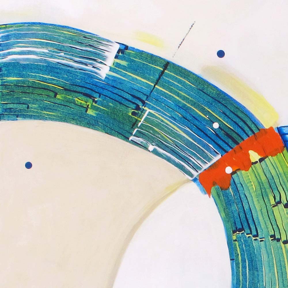 Detail of Sandhopper Springboard showing layered blue and lime green curved brushstrokes with orange accent and blue dots