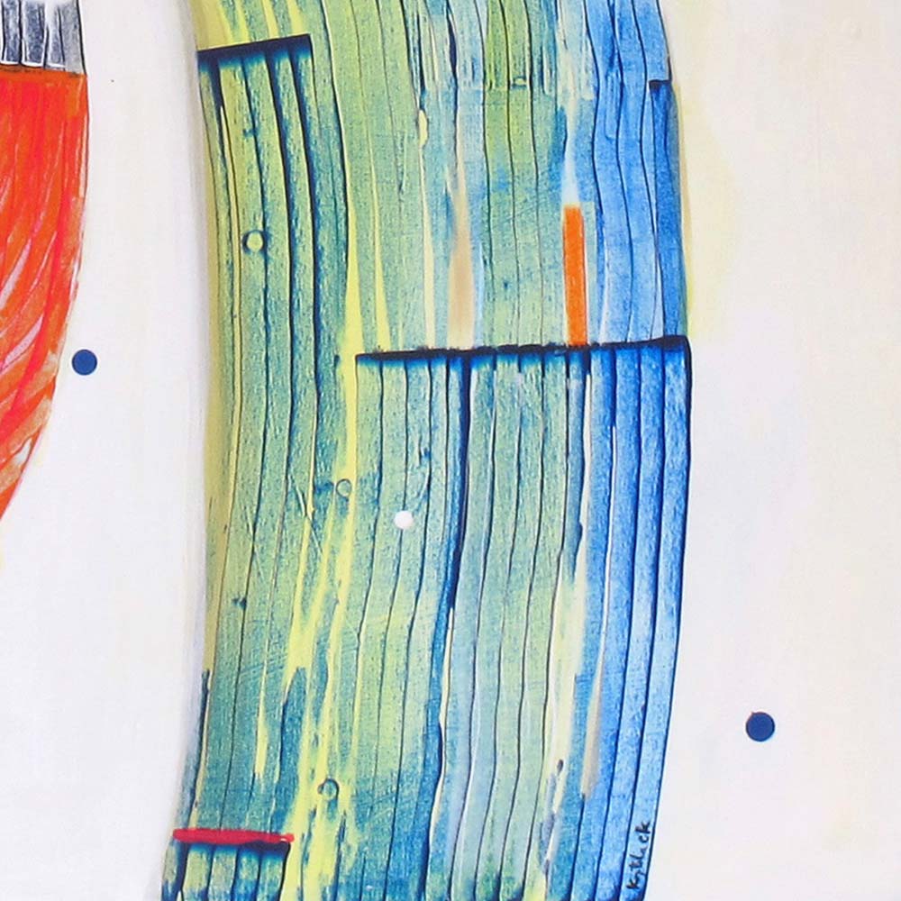 Detail of Sandhopper Springboard showing sweeping blue and green brushwork with bold orange accent and white linear details