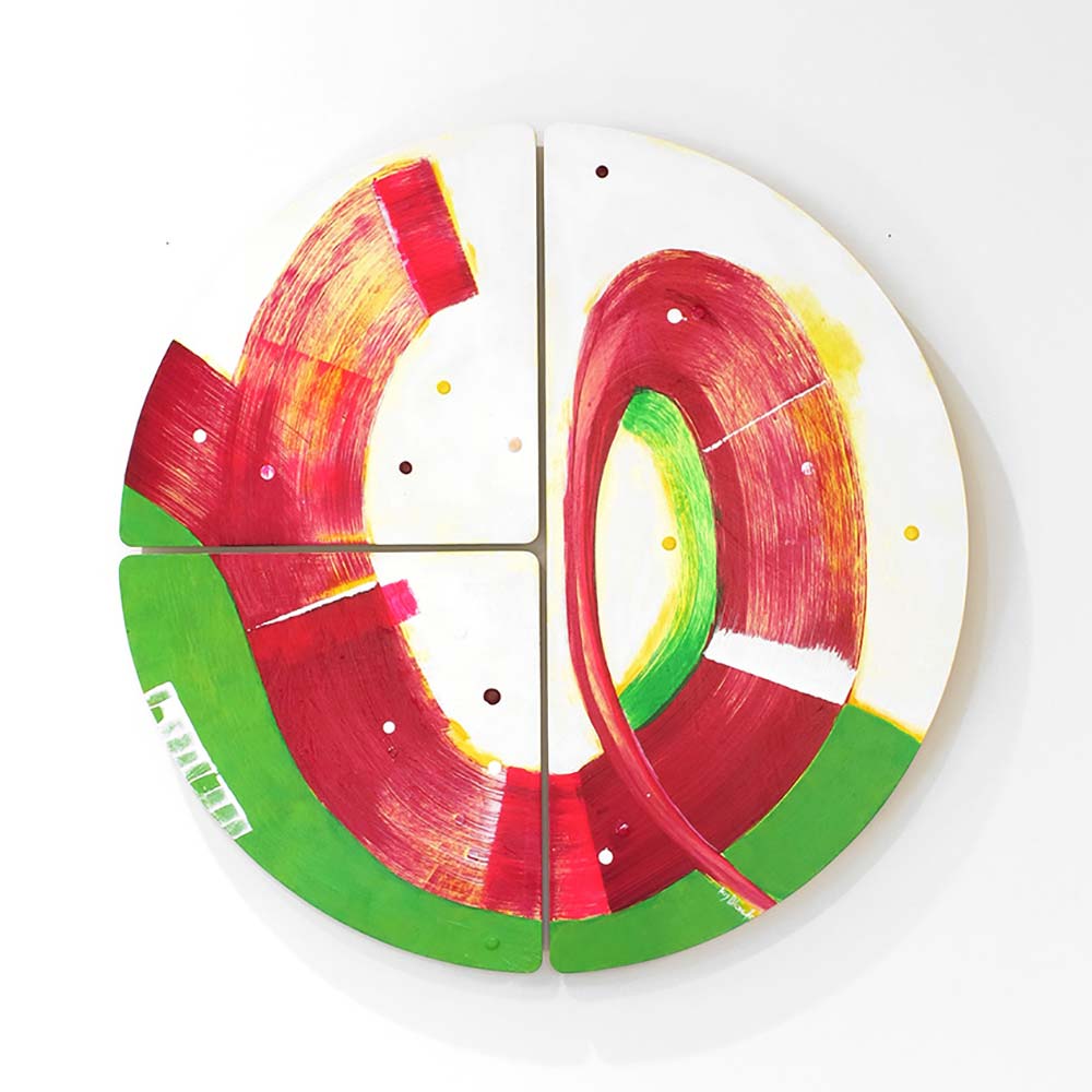 3 pieces of ply, form a round abstract artwork NZ with magenta brush strokes on a green & white background