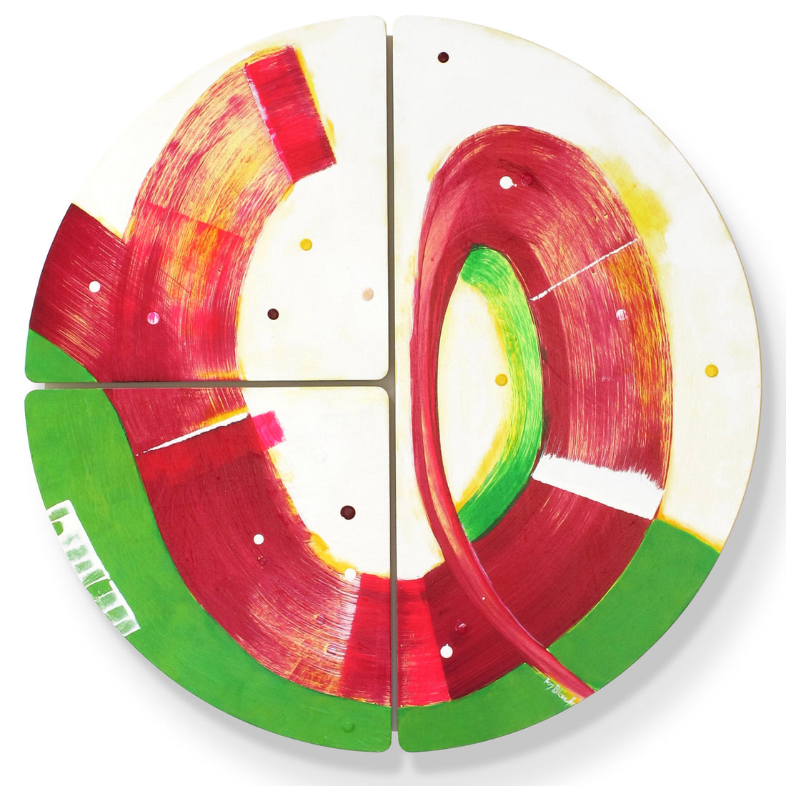 Front view of Sausage Dog Wheelie original abstract wall sculpture by Kirsty Black — round 3-tile bevelled plywood with sweeping crimson and deep red arcs threaded with vivid green and golden yellow.