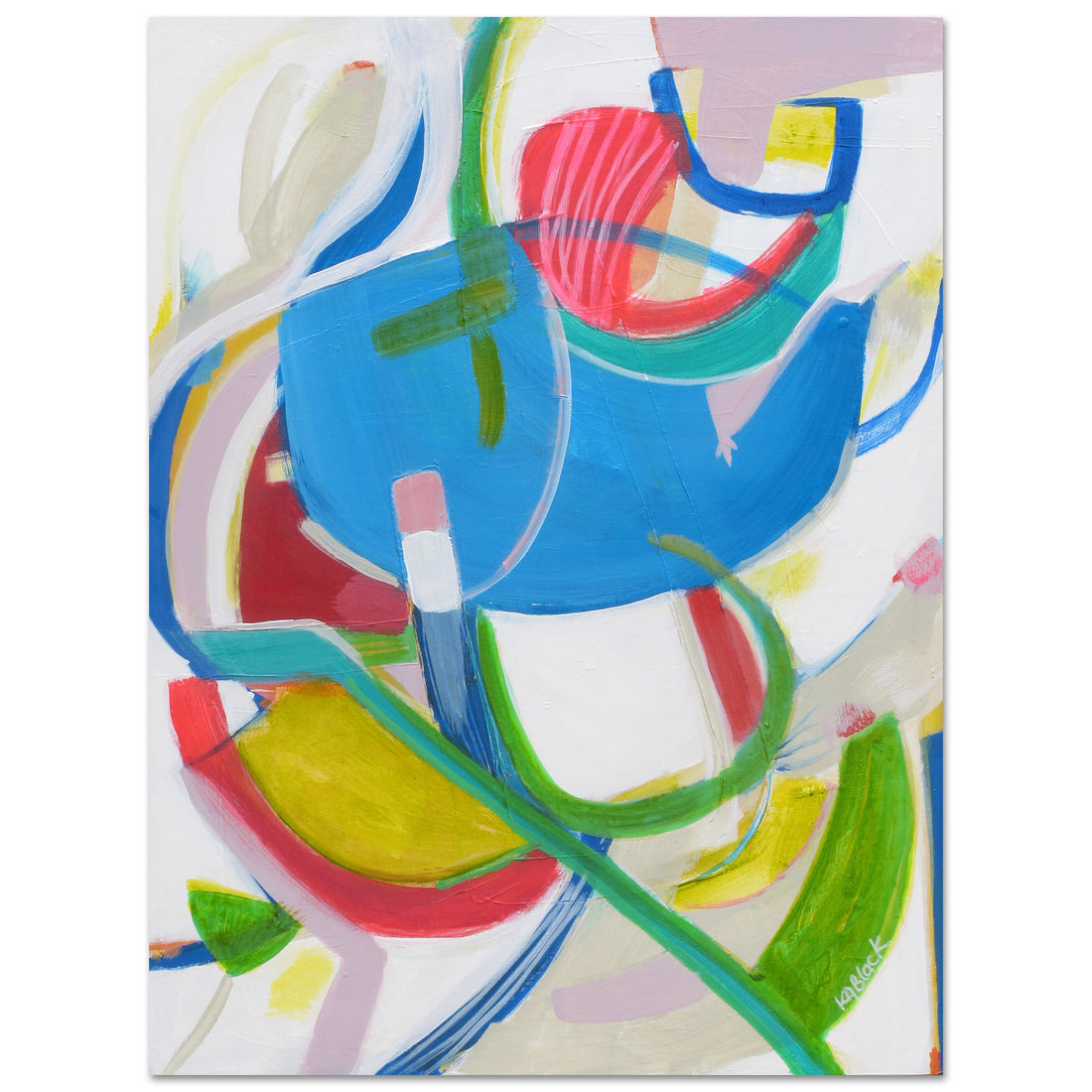 Showboat Sharlene original abstract painting by Kirsty Black featuring a bold sky blue circular form with sweeping curves in green, pink, yellow and teal on white canvas