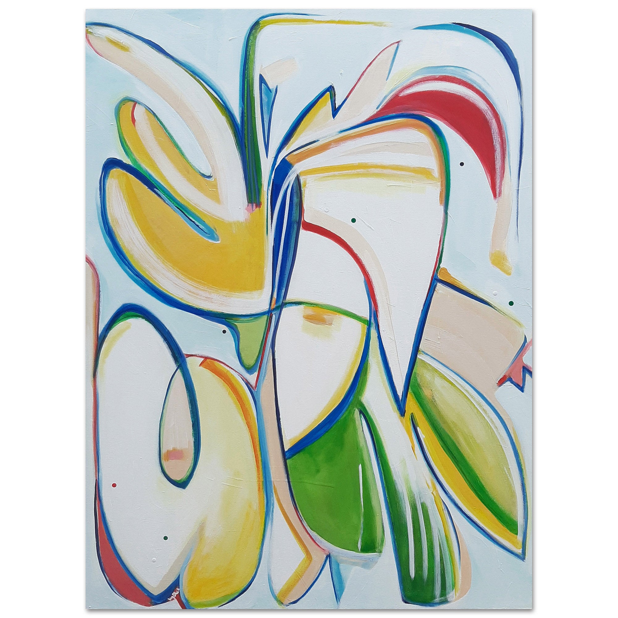 Tail Feather Shake original abstract painting by Kirsty Black featuring sweeping organic forms in bold yellow, vivid green, red arc and fluid blue outlines with scattered dots on pale blue portrait canvas