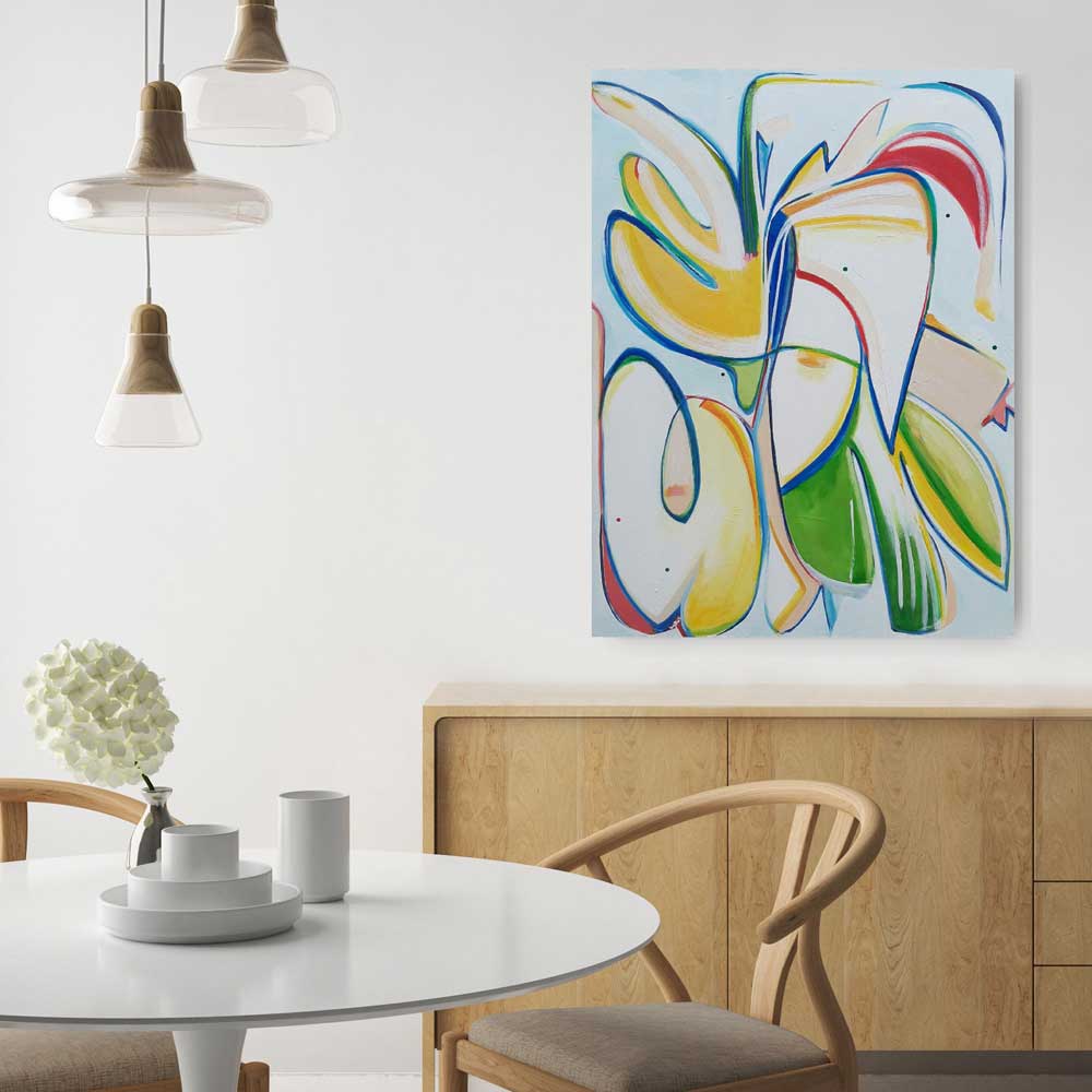 Tail Feather Shake original abstract painting by Kirsty Black hung on white wall above timber sideboard in Scandinavian-style dining room with wishbone chair and pendant lights, showing scale of 1200x900mm portrait canvas