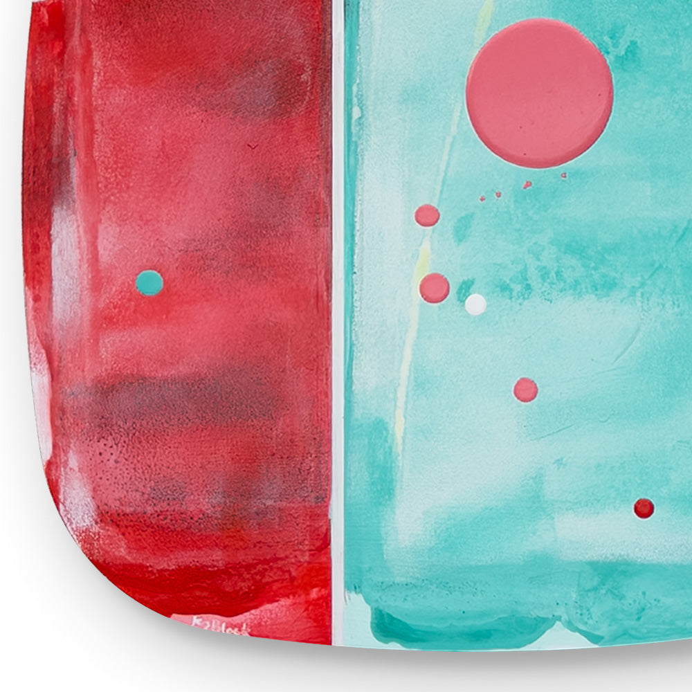 Tamarillo Sorbet, original abstract painting on bevelled ply with deep red and fresh aqua split palette and scattered pink dot detail, by Kirsty Black.