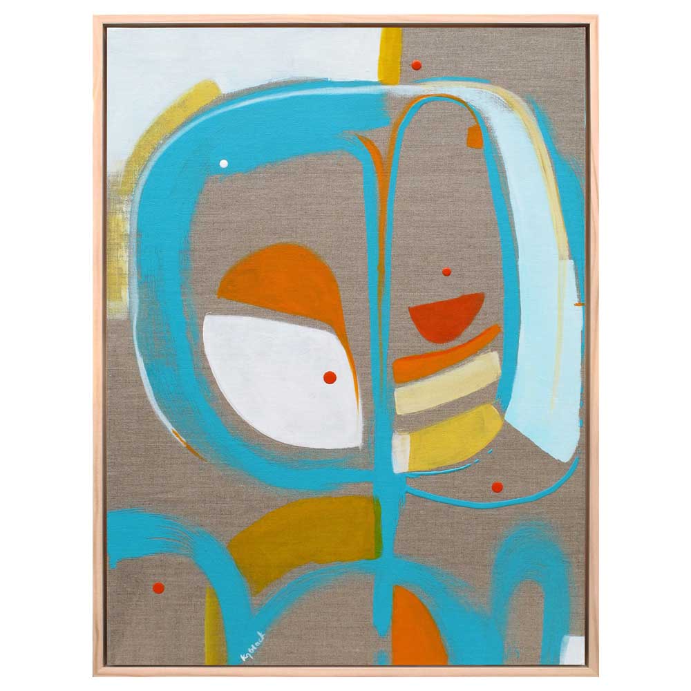 Tip Top Turvy original abstract painting by Kirsty Black on natural linen featuring bold turquoise curves, burnt orange, yellow and sky blue organic forms on warm taupe ground in natural wood tray frame