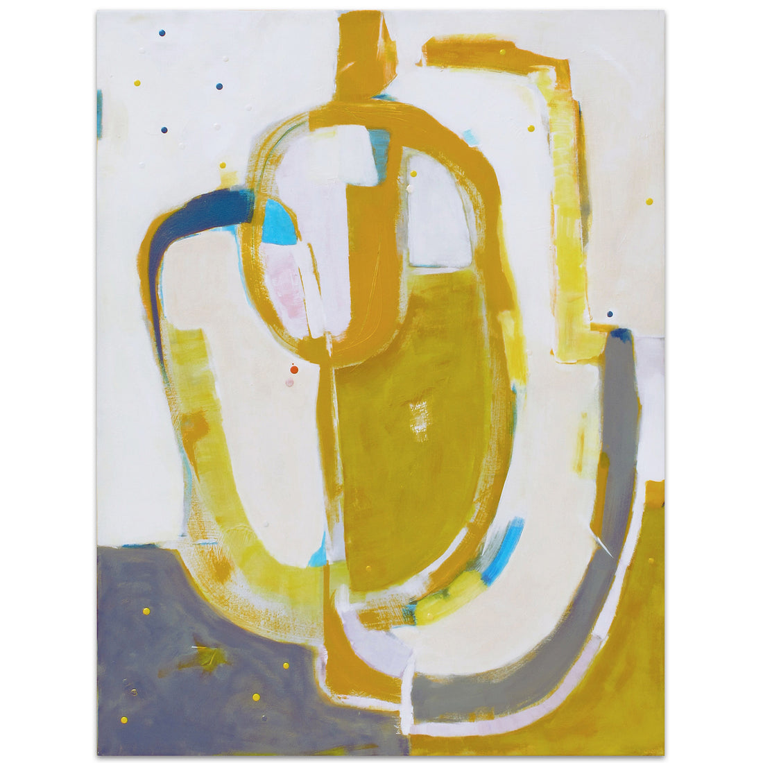 Tuatara Thunder original abstract painting by Kirsty Black featuring broad looping mustard yellow forms enclosing soft white and blush interiors, slate grey ground, turquoise accents and scattered navy and yellow dots on off-white portrait canvas