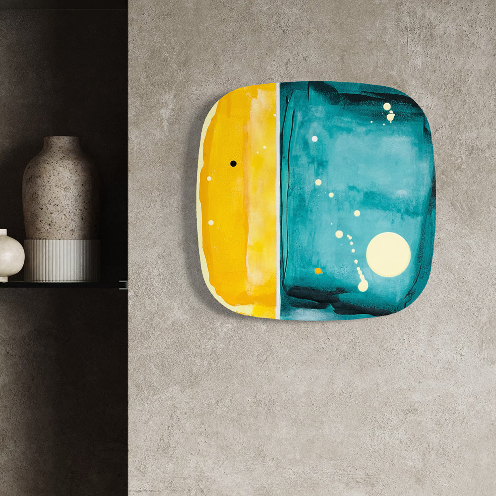 Yuzu Sorbet, original abstract painting by Kirsty Black shown in situ on a concrete wall beside a shelf with ceramic vessels, illustrating scale and how the bevelled plywood sits proud of the wall.