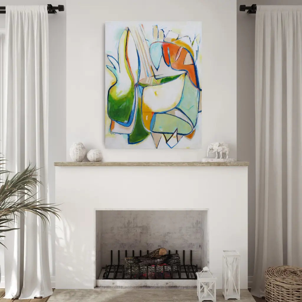 Pineapple Punch abstract painting by Kirsty Black hung above white fireplace mantel in bright coastal living room showing vibrant vertical composition