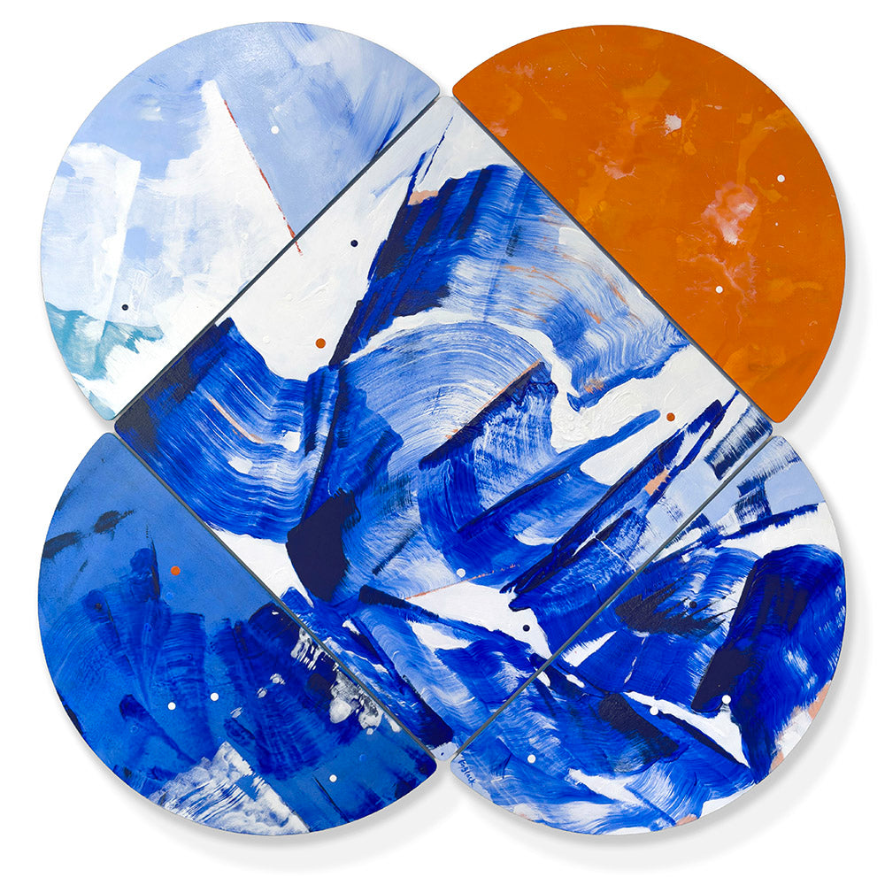 Box Jelly Pulse, original abstract wall sculpture by Kirsty Black, four shaped ply tiles arranged in a clover formation with sweeping cobalt blue gestural brushstrokes on white background offset by an orange half circle