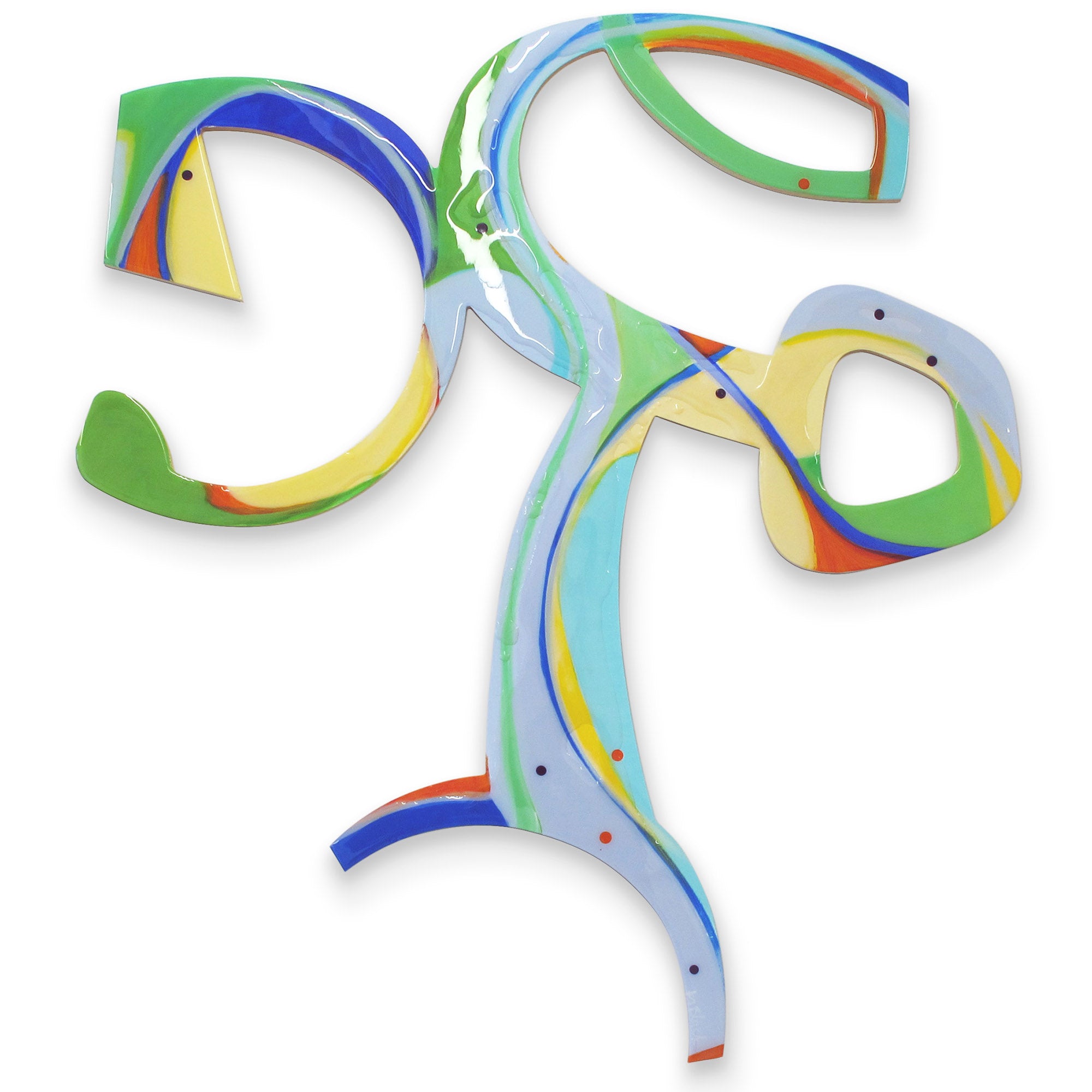 Full view of Cartwheeling Crustacean original abstract wall sculpture by Kirsty Black, single cut-out plywood with fluid loops and organic curves in vivid green, cobalt blue and yellow with high-gloss resin pour.